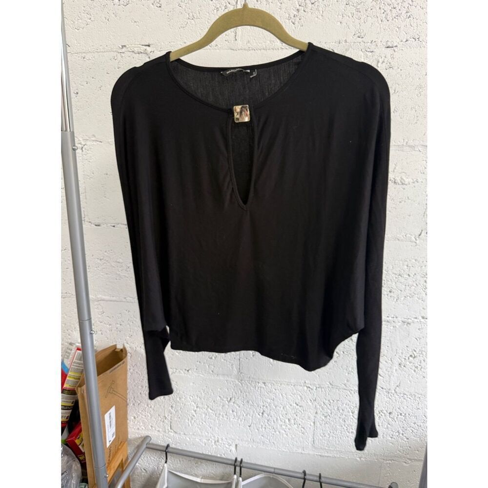 MARCIANO Black Women's Long-Sleeve Keyhole Top - Gold Square - Size Small